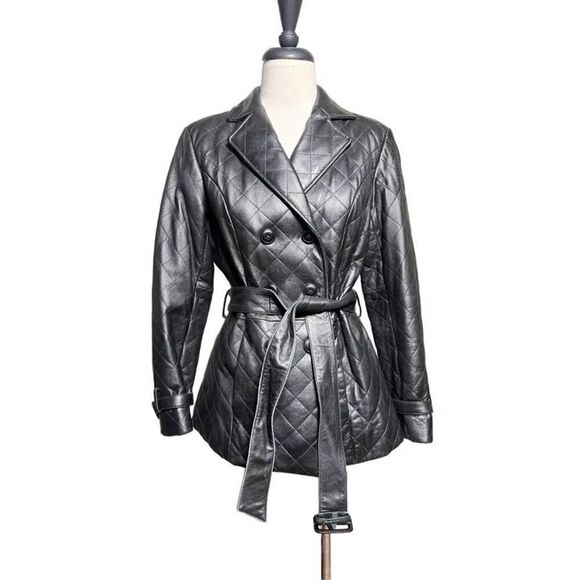 Preston & York Vintage Quilted Leather Coat Belted Peacoat Size Small - Picture 1 of 5